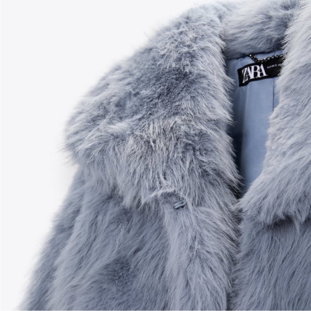 Zara Faux Fur Collared Crop Jacket in Light Blue XS-S - Picture 9 of 12